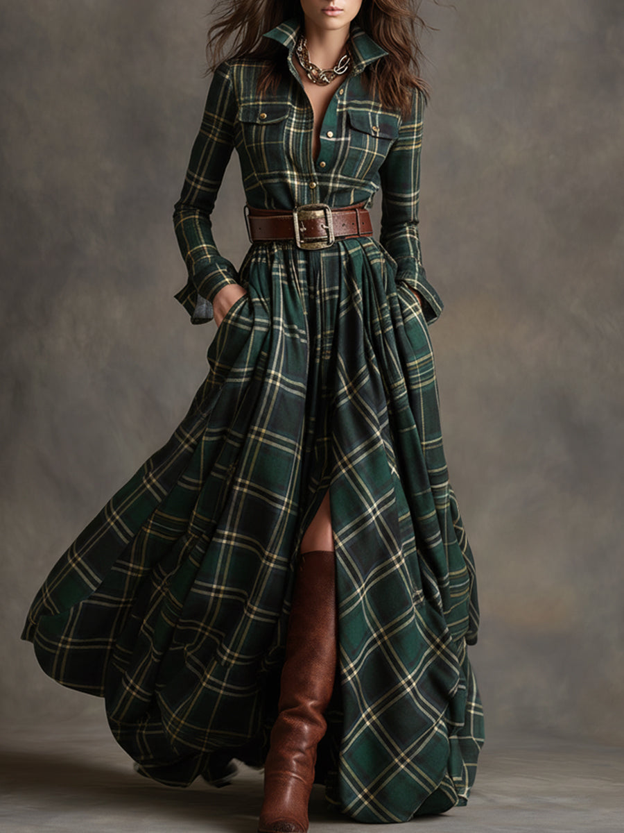 Womens plaid belted maxi shirt dress, view 2