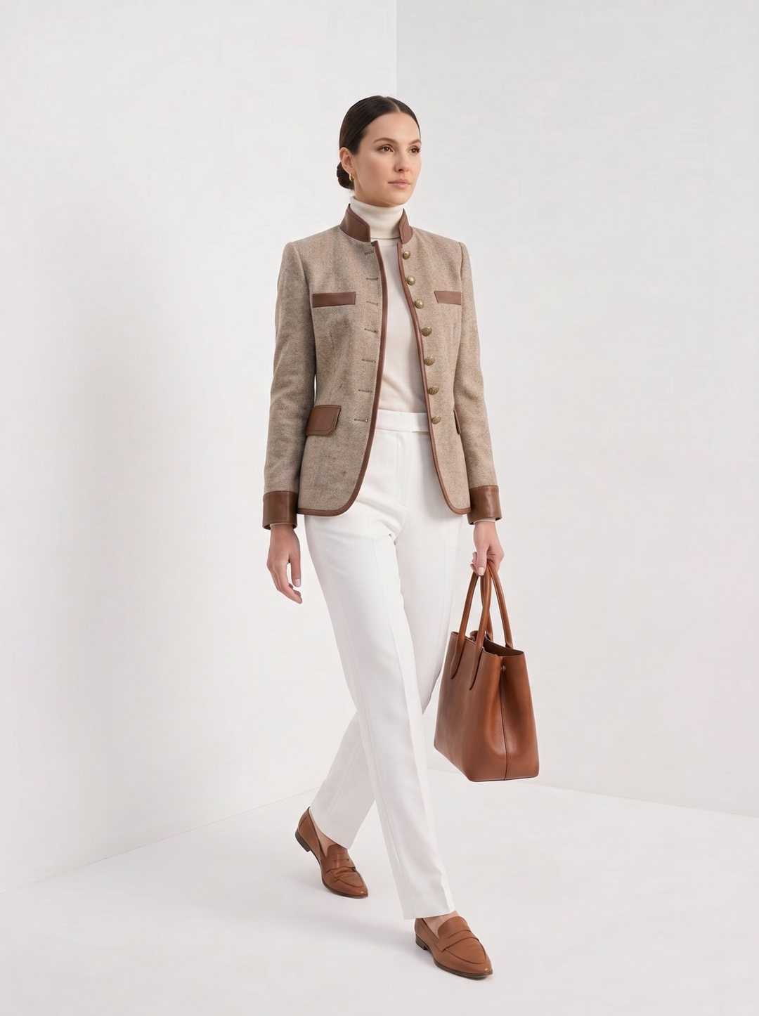 Womens herringbone tweed jacket with leather trim, view 3