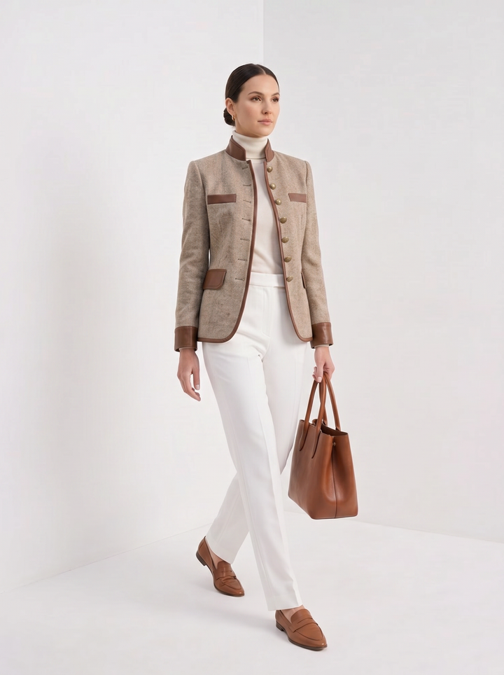 Womens herringbone tweed jacket with leather trim, view 3