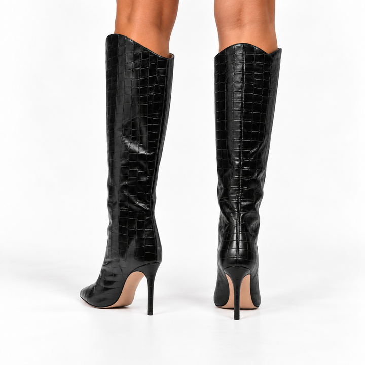Lena | Black Leather Knee High Stiletto Boots