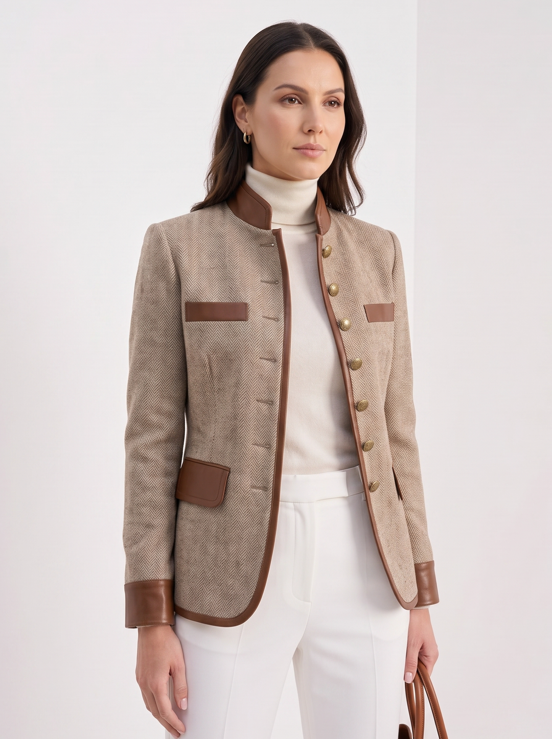 Womens herringbone tweed jacket with leather trim, view 1