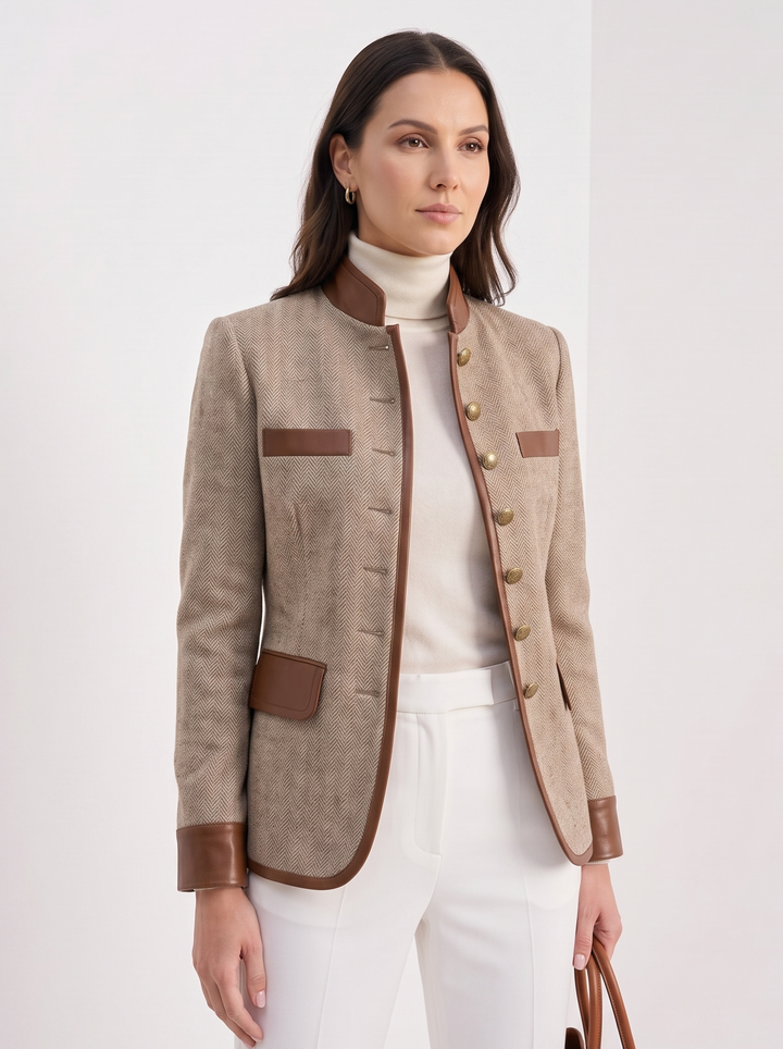 Womens herringbone tweed jacket with leather trim, view 1