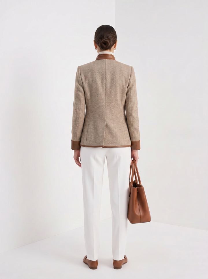 Womens herringbone tweed jacket with leather trim, back view