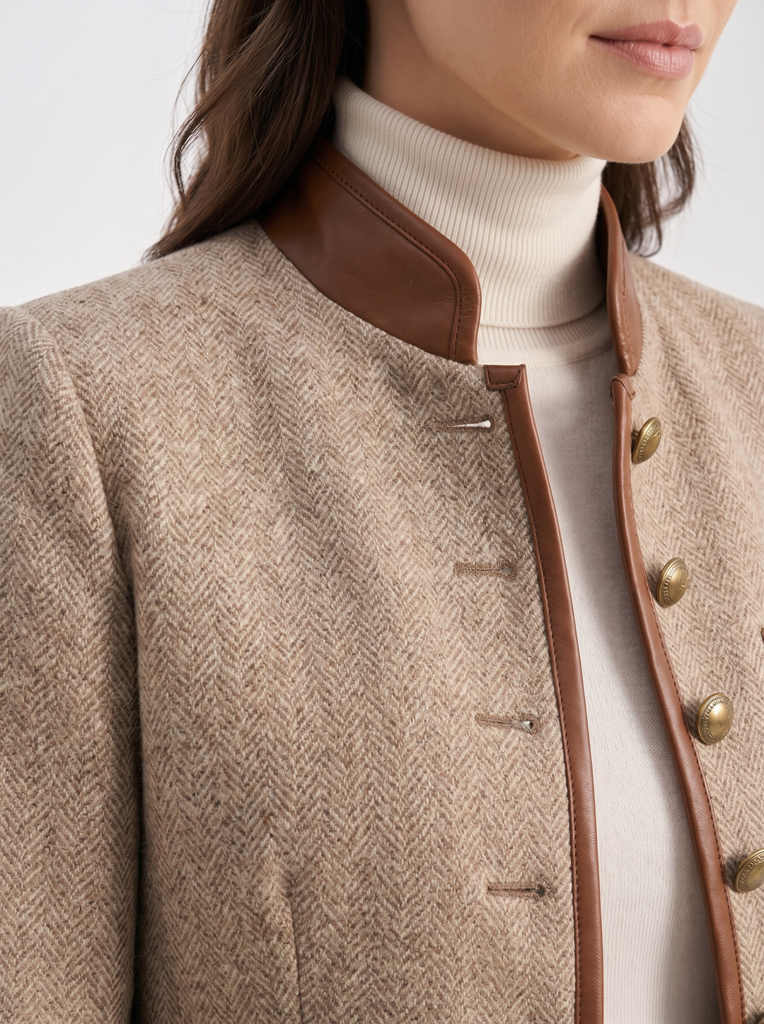 Womens herringbone tweed jacket with leather trim, view 4