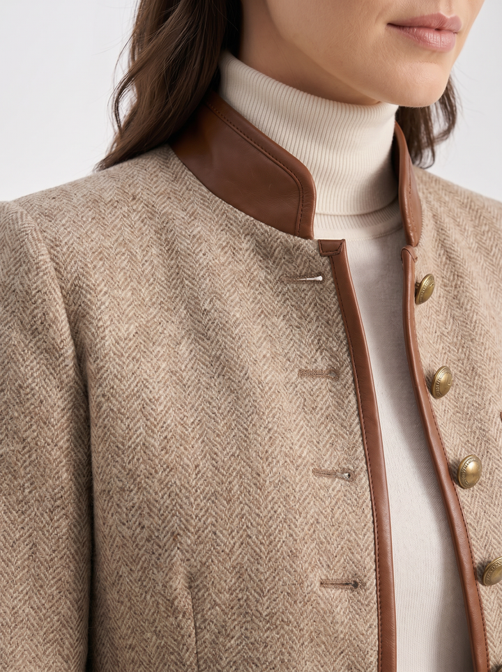 Womens herringbone tweed jacket with leather trim, view 4