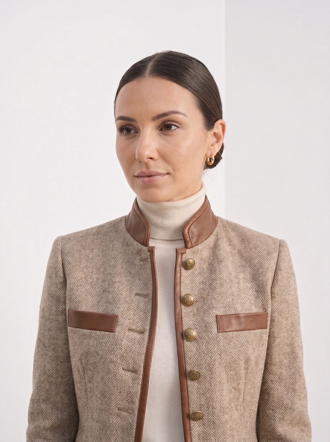 Womens herringbone tweed jacket with leather trim, view 6