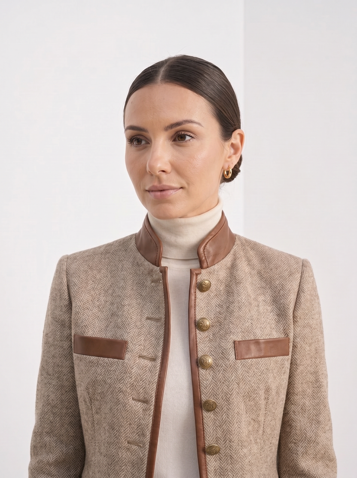 Womens herringbone tweed jacket with leather trim, view 6