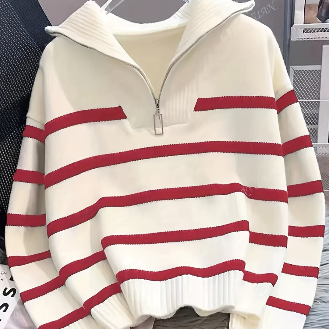 Drew | Quarter Zip Striped Relaxed Sweater with Collar