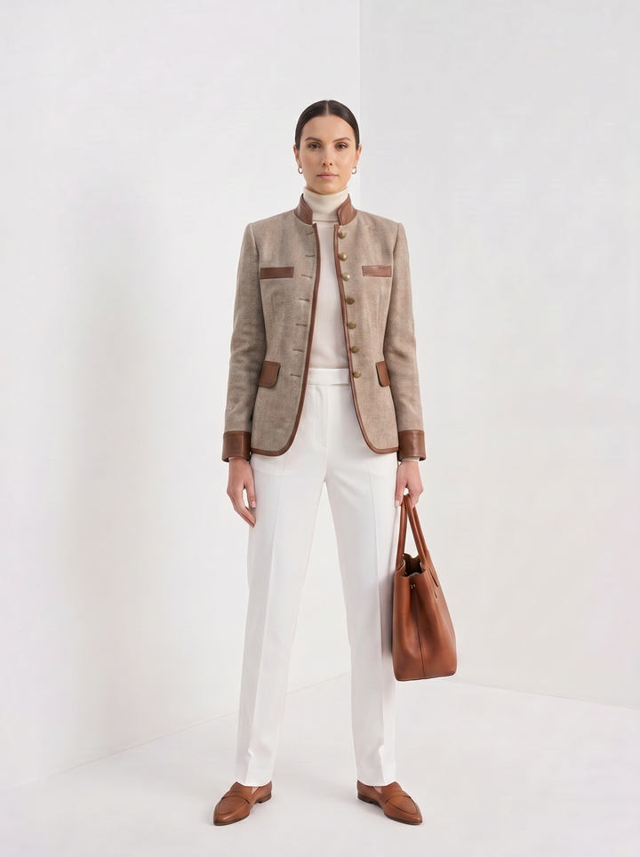 Womens herringbone tweed jacket with leather trim, view 7
