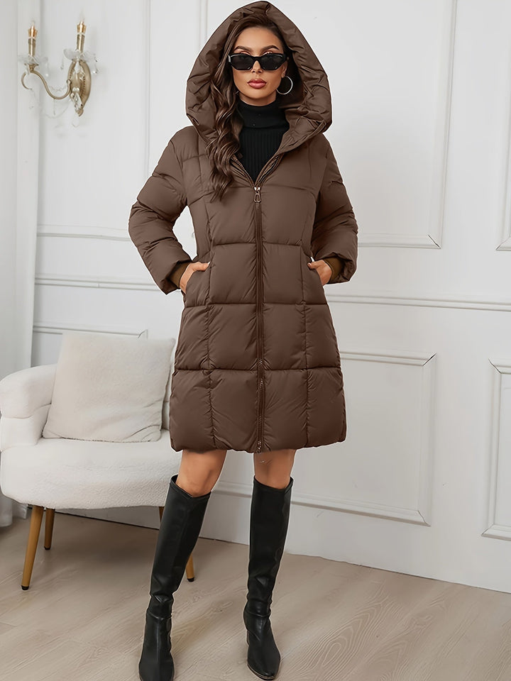 Womens long hooded puffer coat, view 5