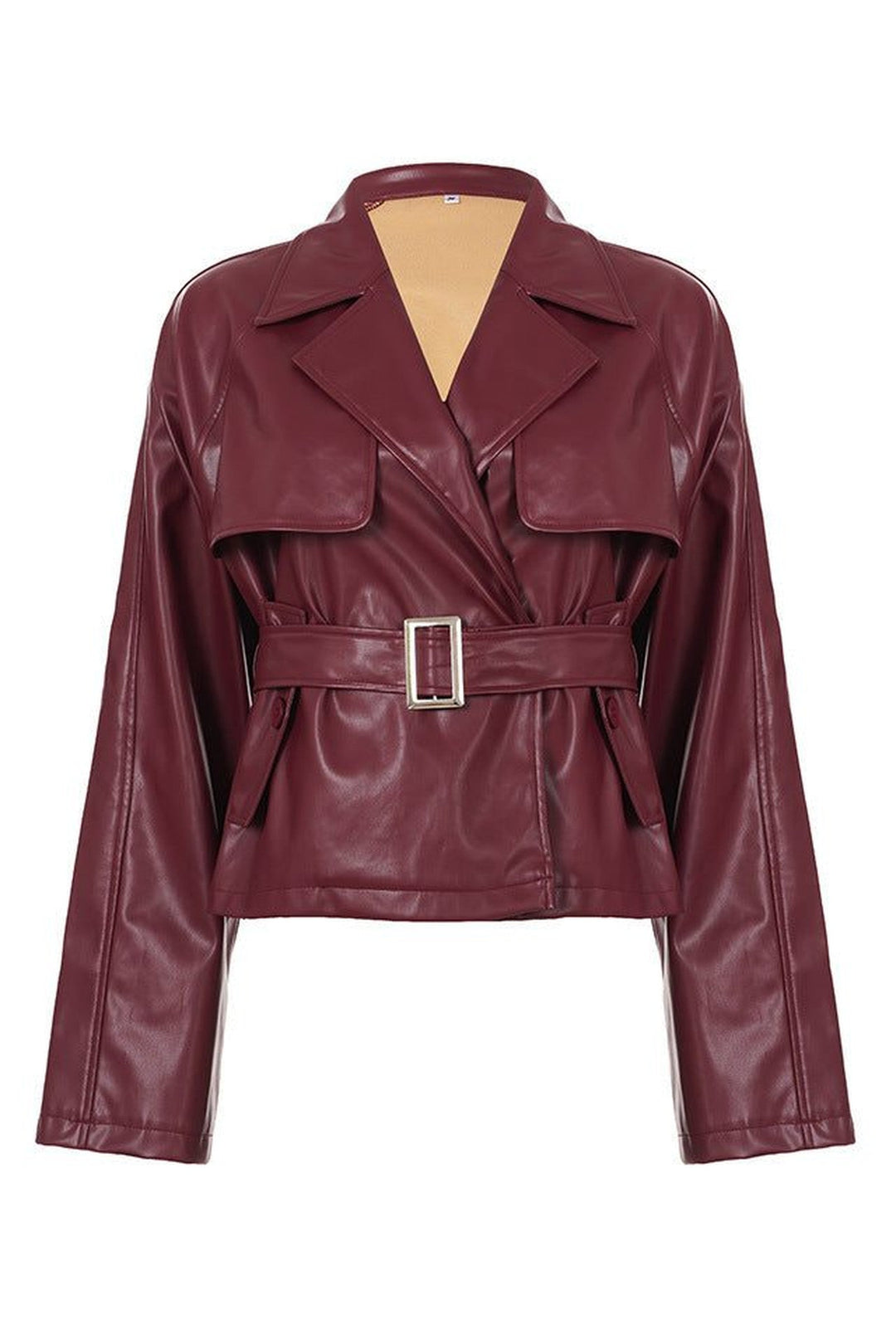 Bianca | Maroon Faux Leather Wrap Jacket with Belted Collar