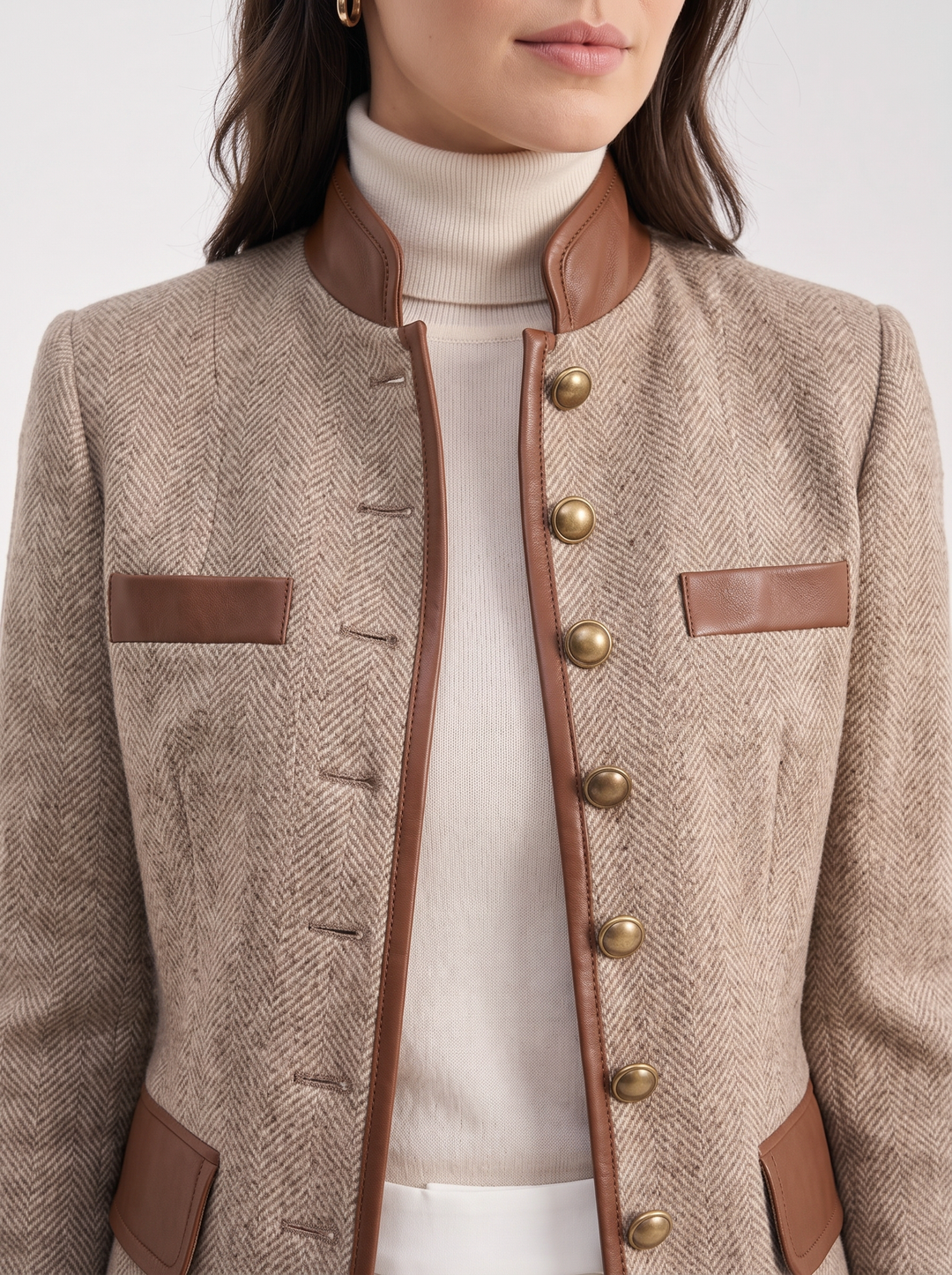 Womens herringbone tweed jacket with leather trim, view 2