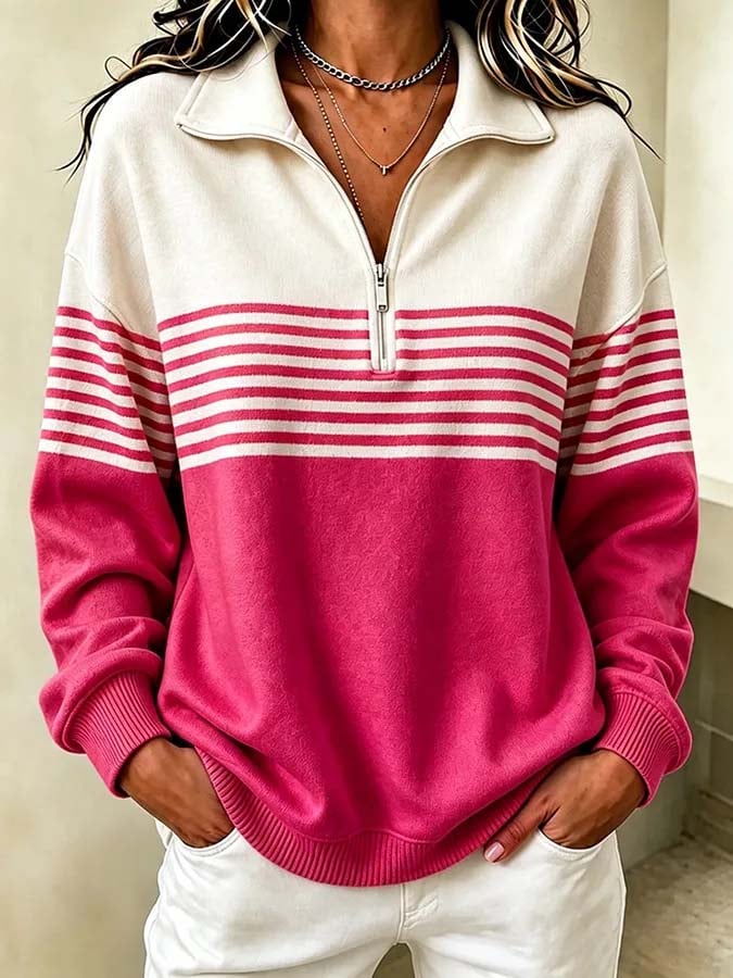 Vera | Striped Quarter Zip Collared Sweatshirt