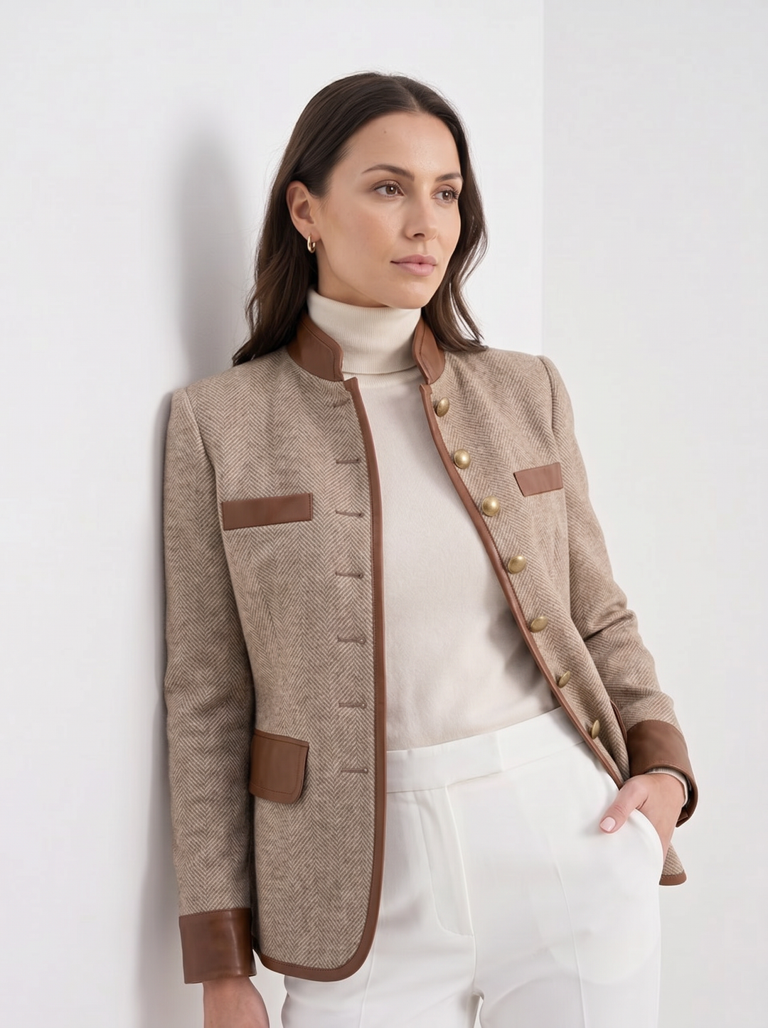 Womens herringbone tweed jacket with leather trim, view 5