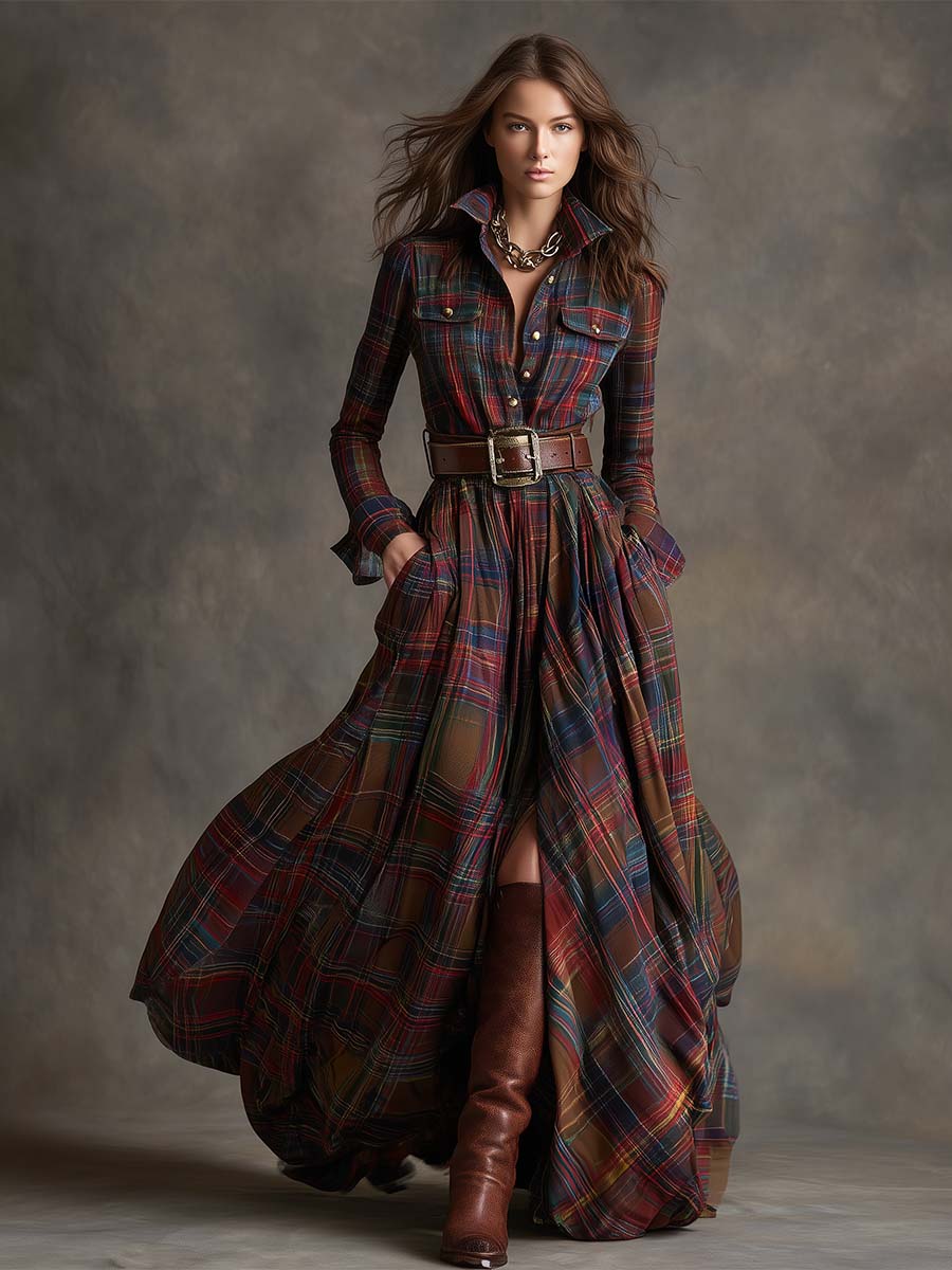 Womens plaid belted maxi shirt dress, view 6