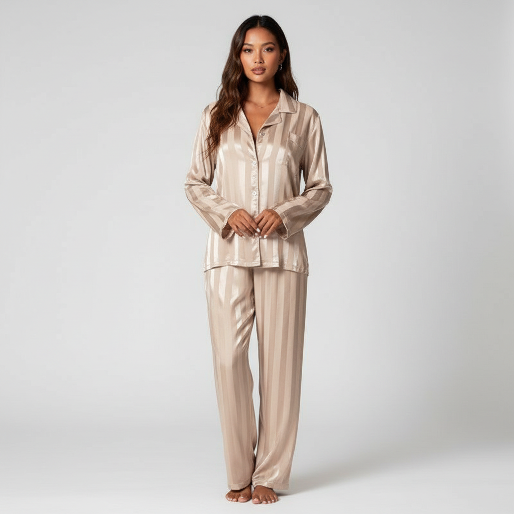 Womens satin striped pajama set long sleeve, view 7