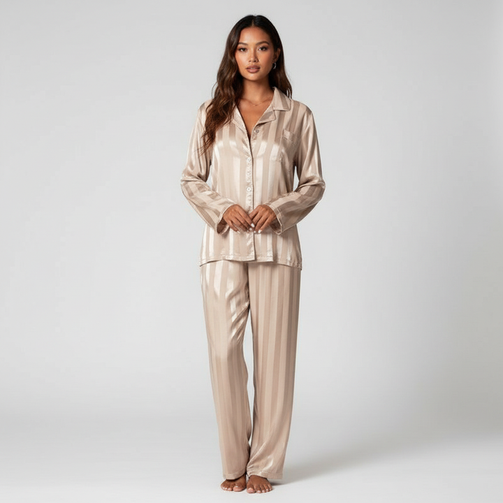 Womens satin striped pajama set long sleeve, view 7
