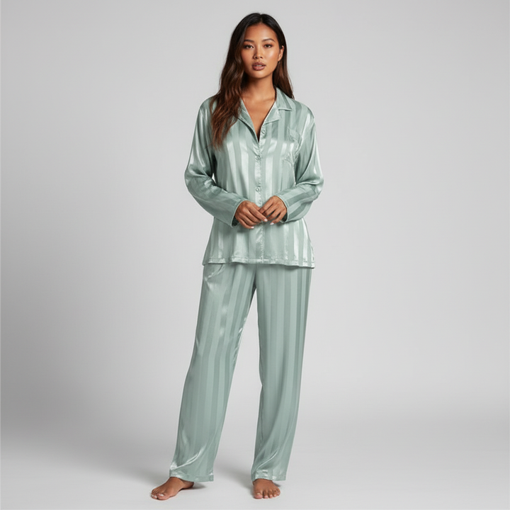 Womens satin striped pajama set long sleeve, view 3
