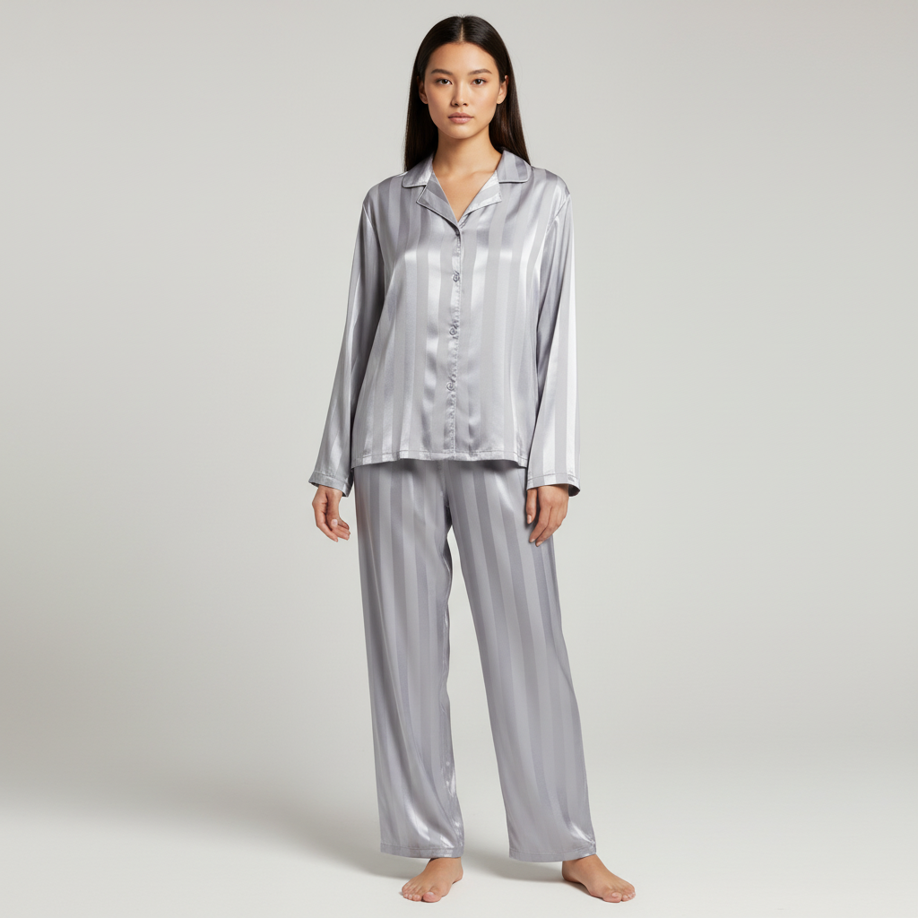 Womens satin striped pajama set long sleeve, view 5