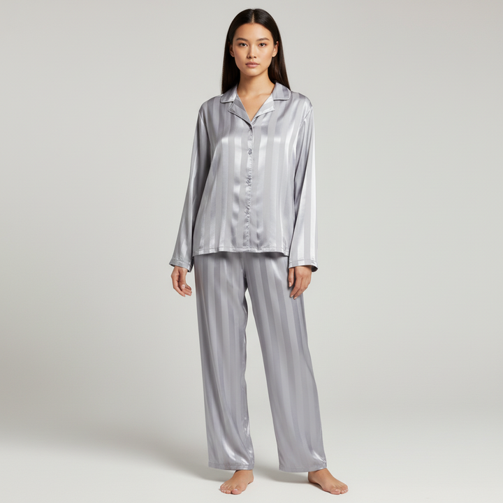 Womens satin striped pajama set long sleeve, view 5