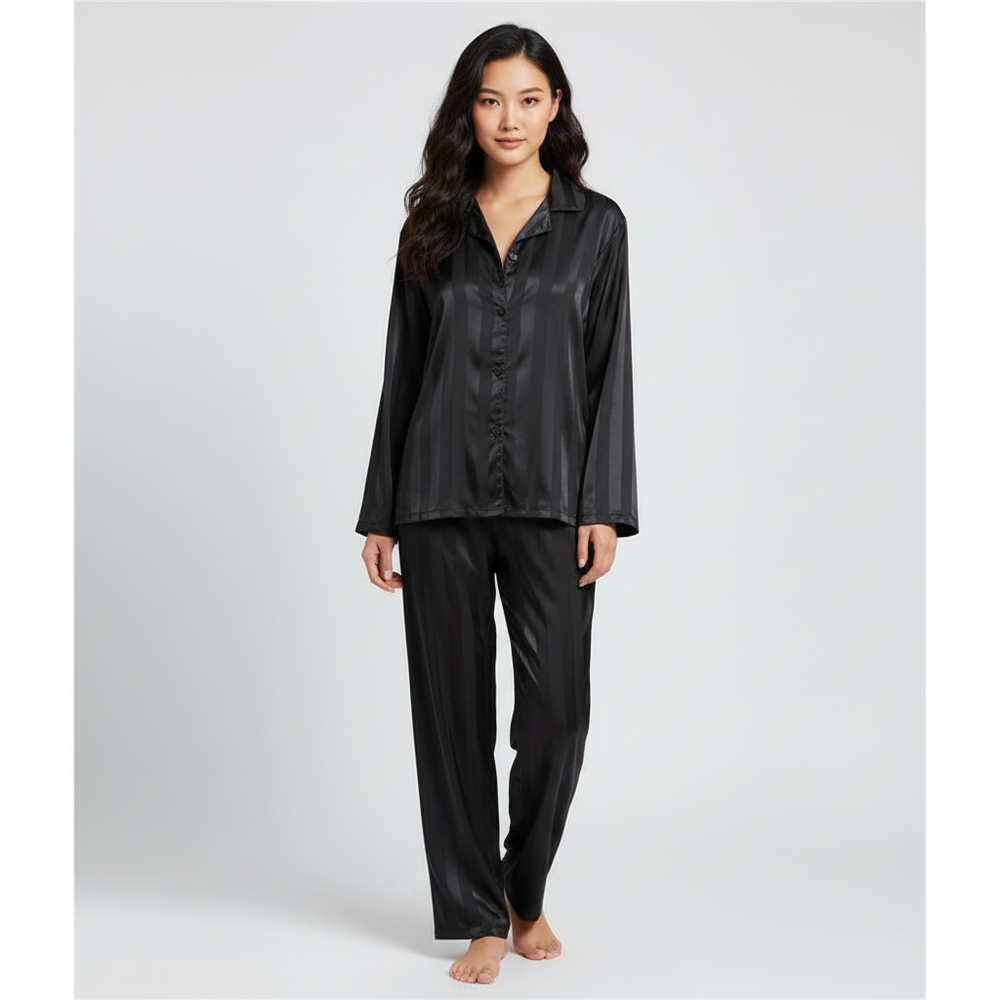 Womens satin striped pajama set long sleeve, view 2
