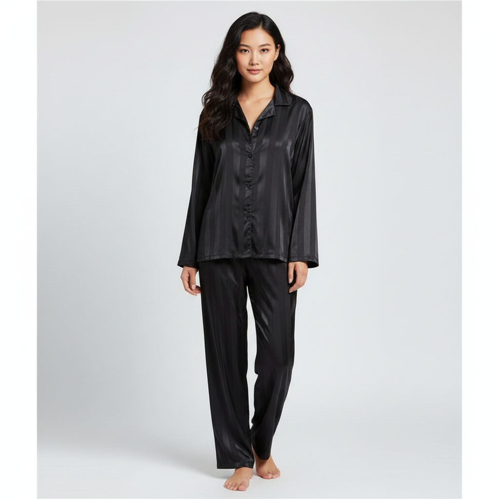 Womens satin striped pajama set long sleeve, view 2