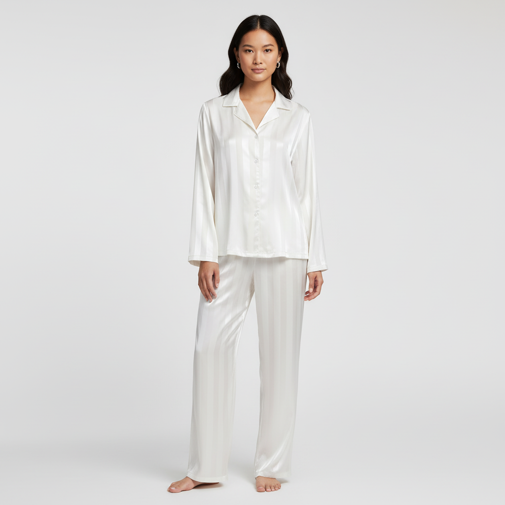 Womens satin striped pajama set long sleeve, view 4
