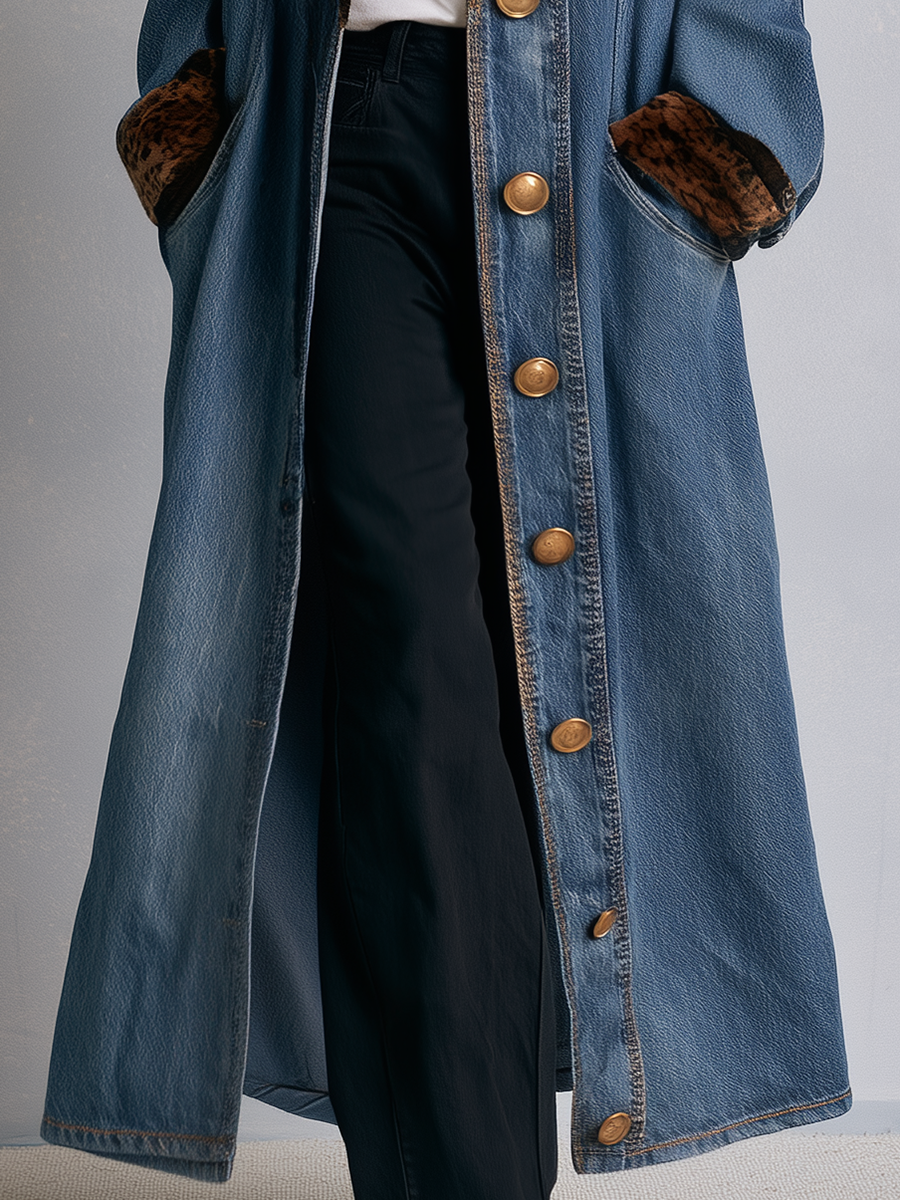 Fiona | Blue Denim Leopard Print Duster Coat