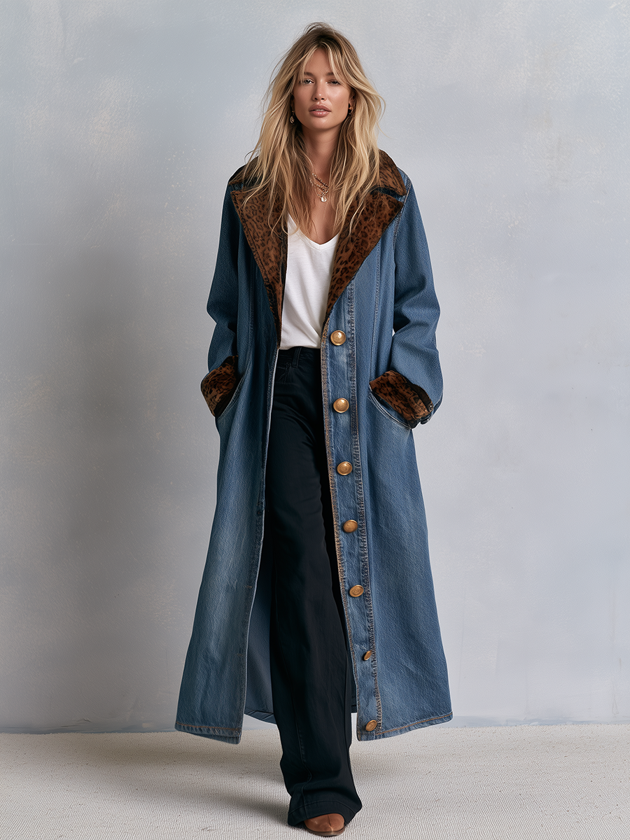 Fiona | Blue Denim Leopard Print Duster Coat