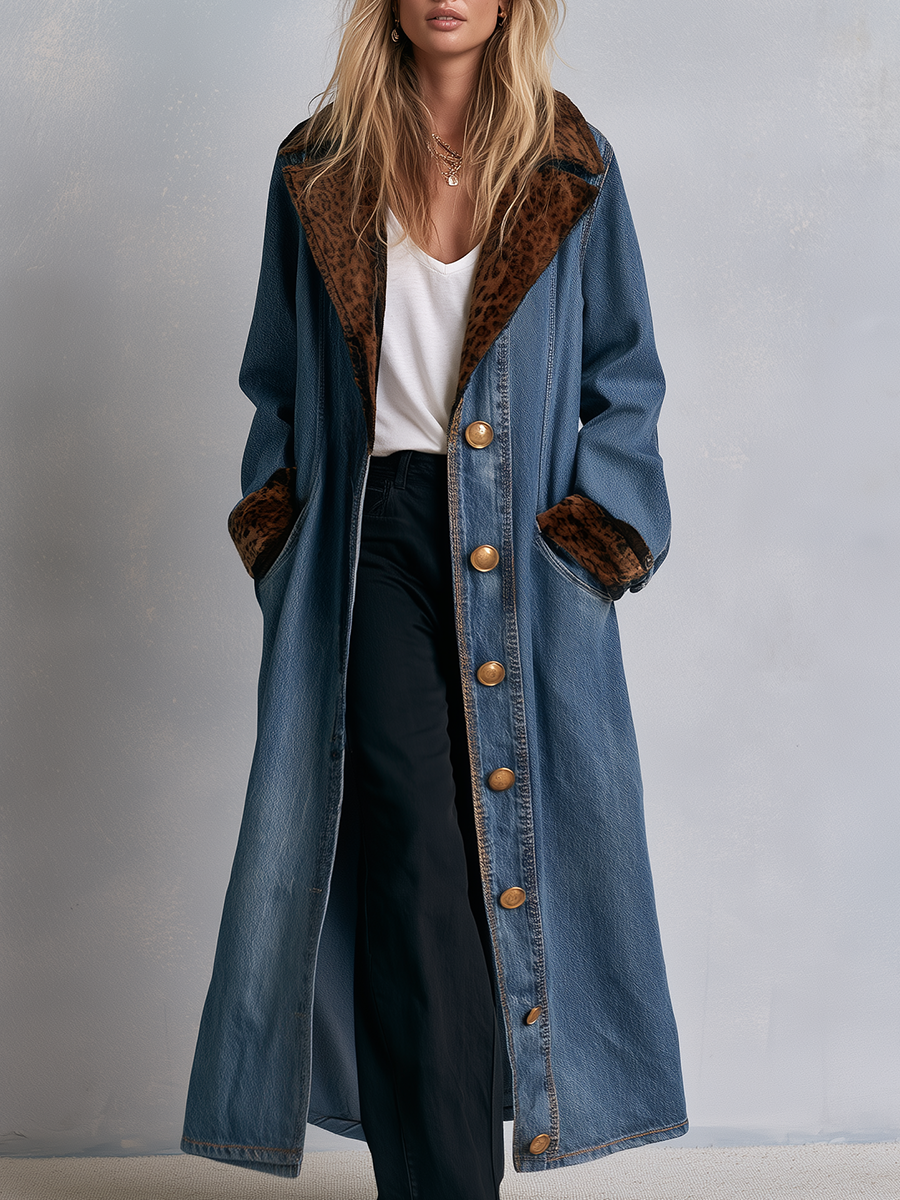 Fiona | Blue Denim Leopard Print Duster Coat