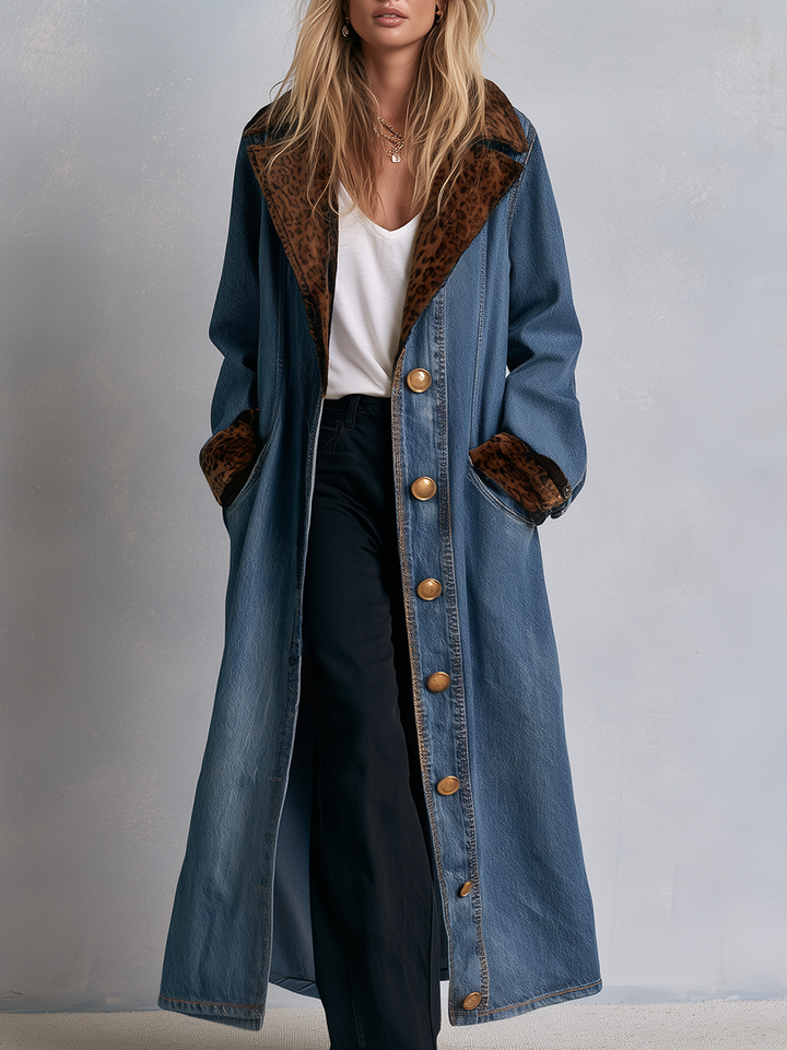 Fiona | Blue Denim Leopard Print Duster Coat