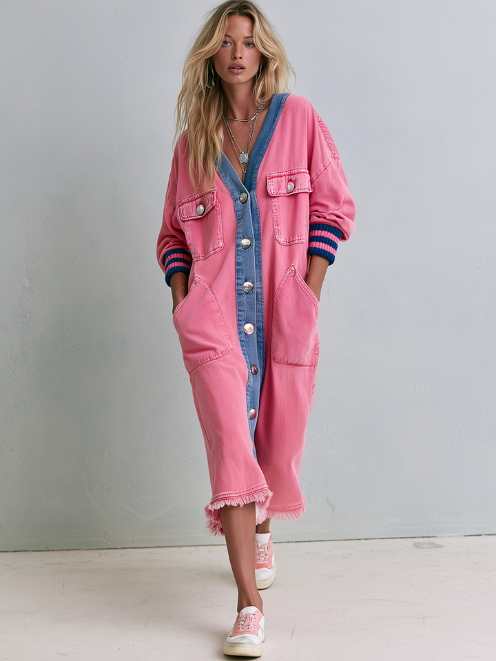 Leah | Oversized Denim Midi Dress Pink