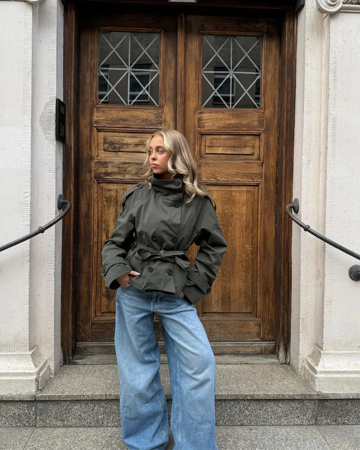 Womens cropped double-breasted belted trench coat, view 4
