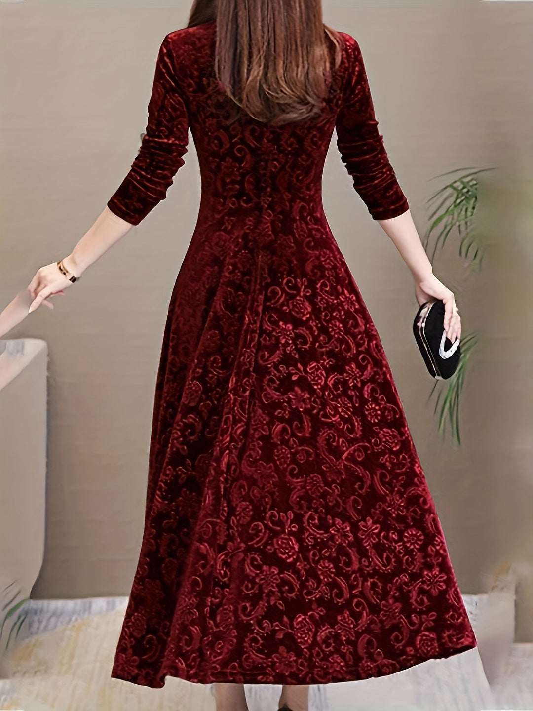 Womens velvet embossed midi dress, view 1