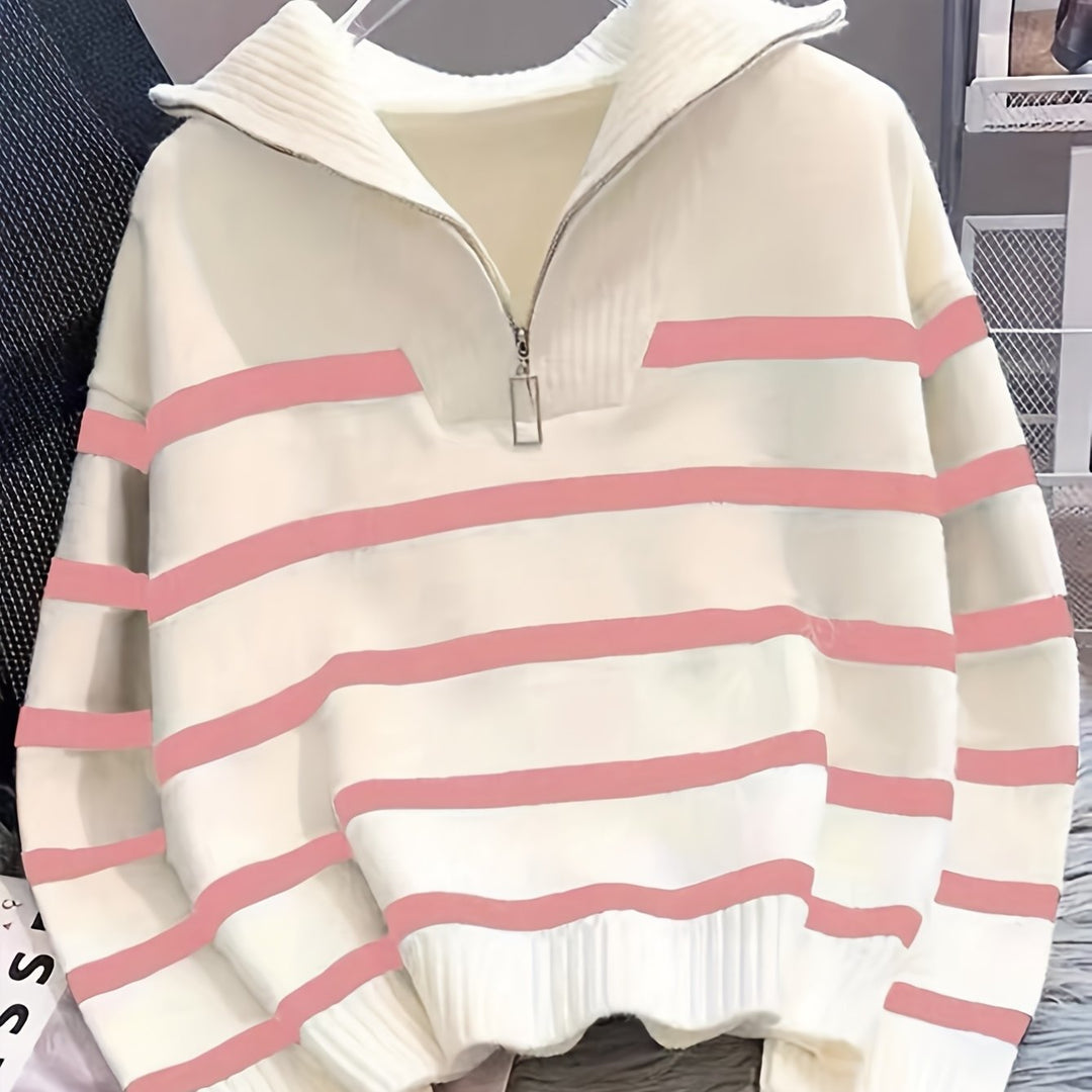Drew | Quarter Zip Striped Relaxed Sweater with Collar