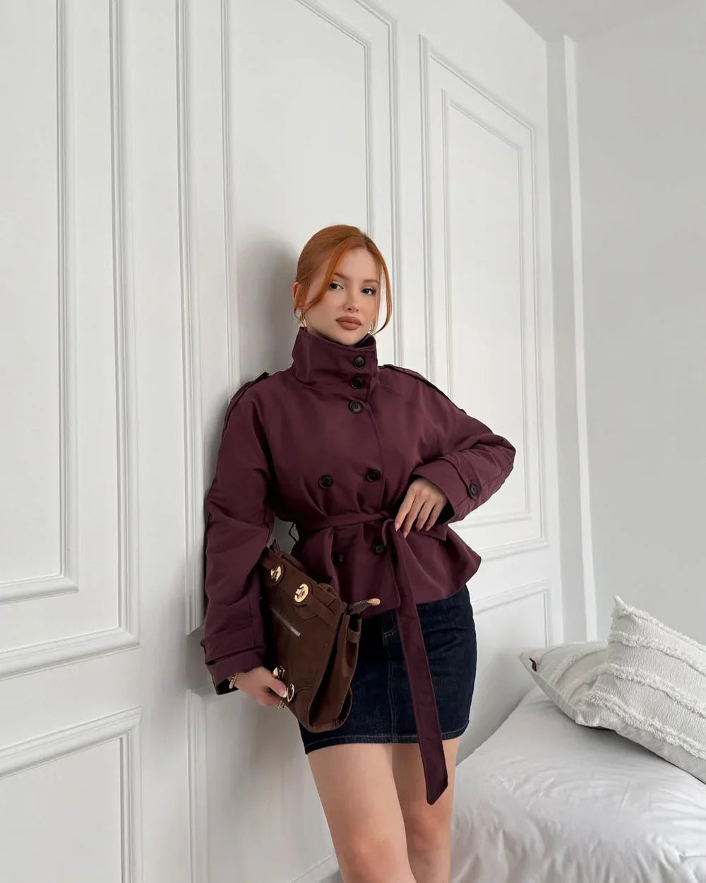 Womens cropped double-breasted belted trench coat, view 11