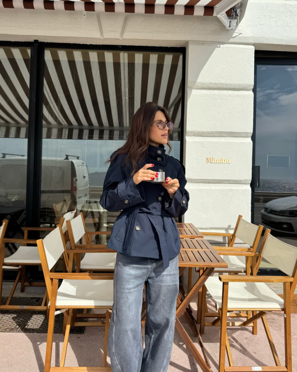 Womens cropped double-breasted belted trench coat, view 9