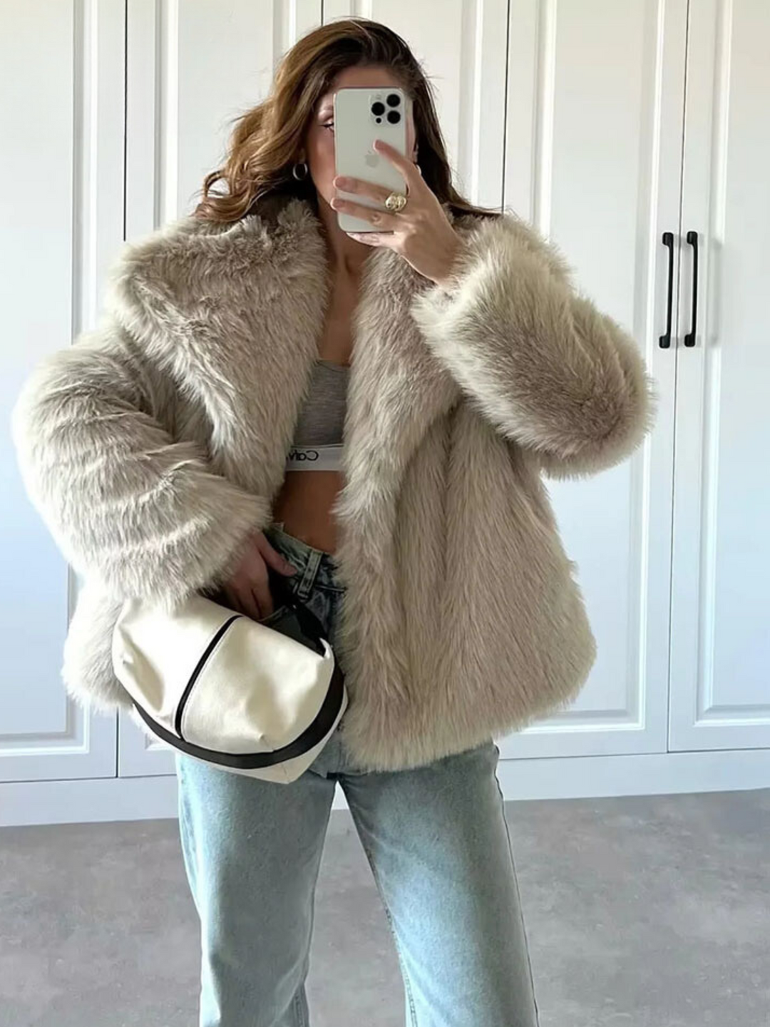 Womens short faux fur jacket shawl collar, view 12
