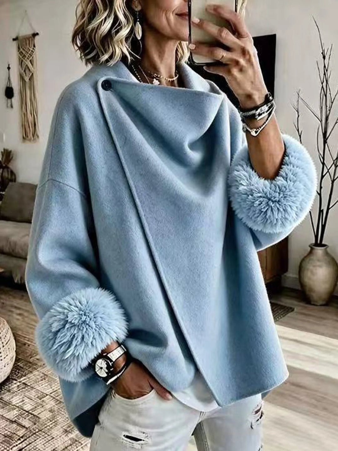 Paige | Light Blue Wool Blend Oversized Coat with Faux Fur Cuffs