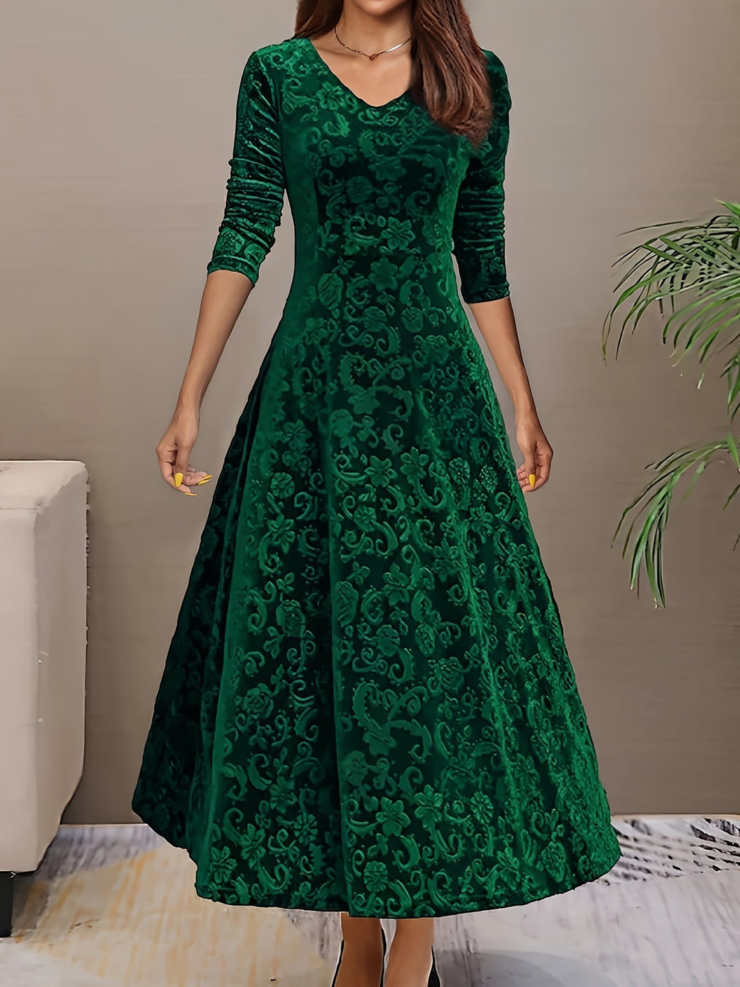 Cassia | Womens Velvet Embossed Midi Dress