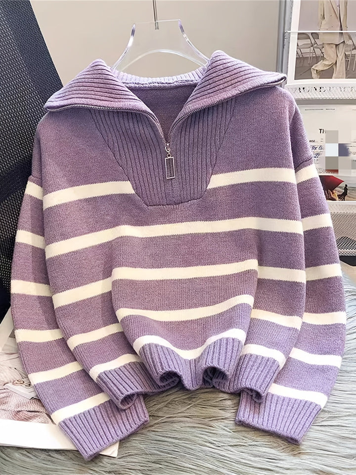 Drew | Quarter Zip Striped Relaxed Sweater with Collar
