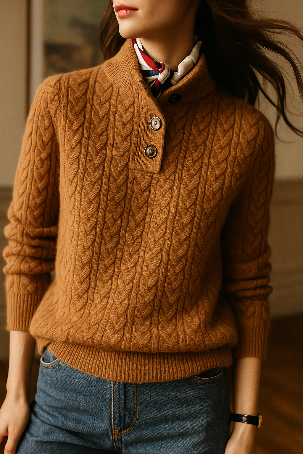 Paige | Cable Knit Quarter Zip Sweater Collared Long Sleeve
