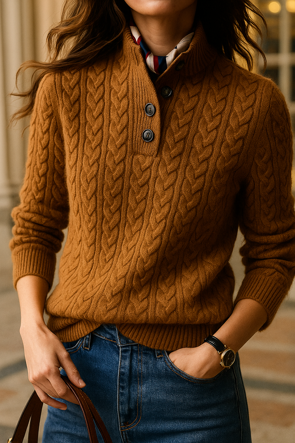 Paige | Cable Knit Quarter Zip Sweater Collared Long Sleeve