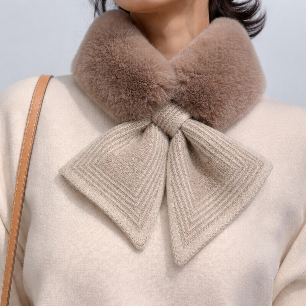 Leah | Womens Faux Fur Knitted Tie Scarf Geometric Pattern