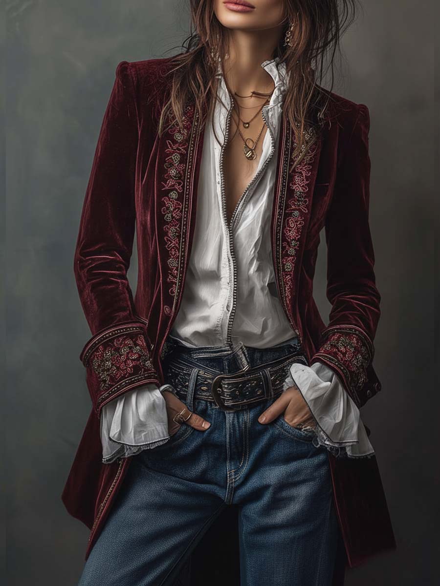 Savannah | Embroidered Velvet Floral Fitted Jacket