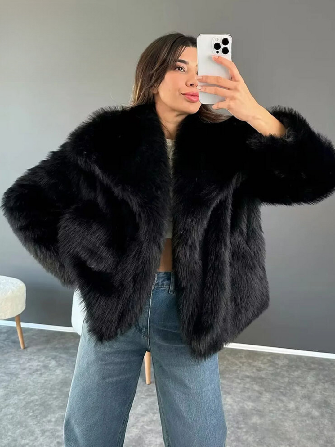 Womens short faux fur jacket shawl collar, view 8