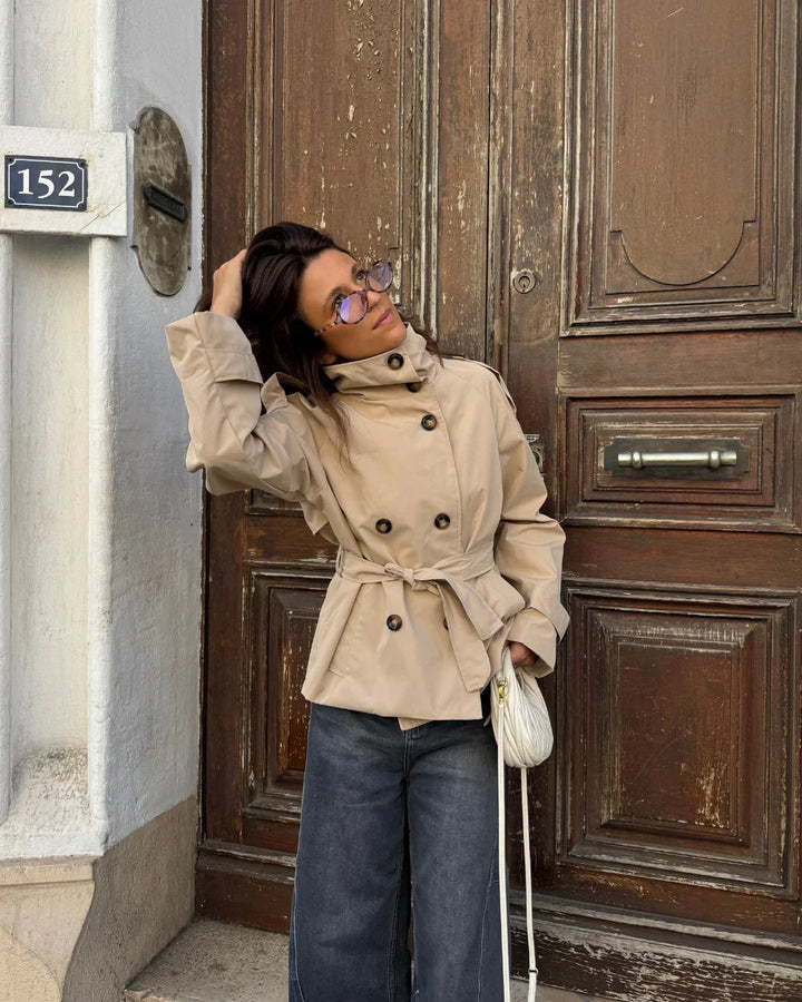 Womens cropped double-breasted belted trench coat, view 1