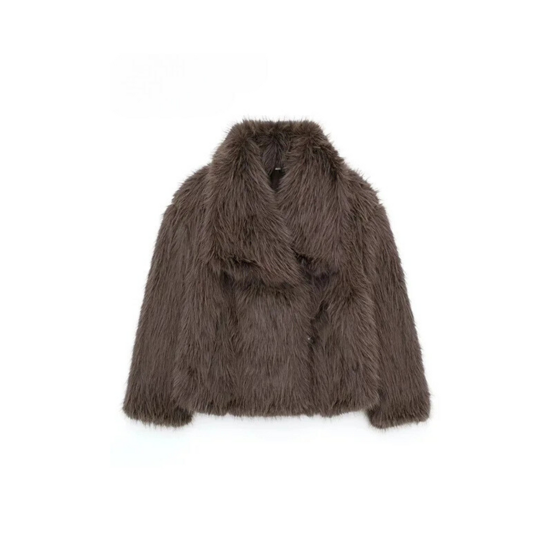 Womens short faux fur jacket shawl collar, view 10