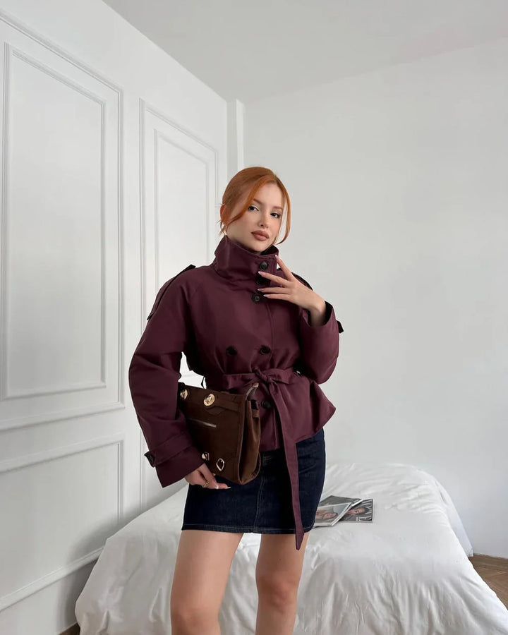 Womens cropped double-breasted belted trench coat, view 3