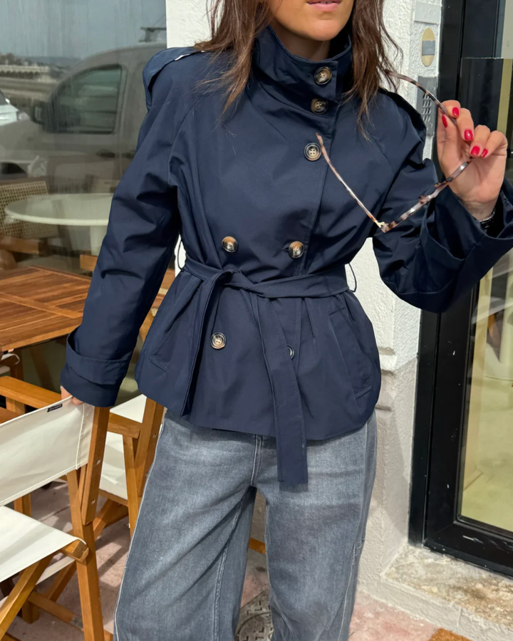Womens cropped double-breasted belted trench coat, view 2